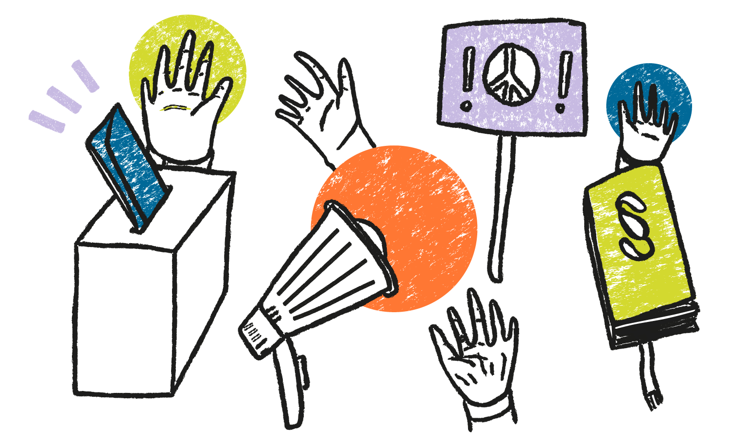 Illustration zum Thema Demokratie mit Wahlurne, Megafon, Demonstrationsplakat, Gesetzbuch und Händen