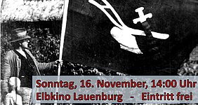 Filmplakat "Stumpfe Sense - scharfer Stahl": Ein Mann und ein Junge am linken Bildrand. Der Mann hält eine Flagge der Landvolk-Bewegung.